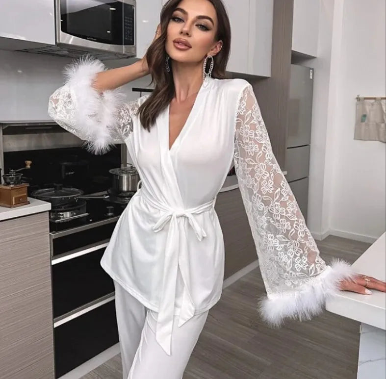Home Women's Elegant Flower Polyester Milk Fiber Raw Hem Lace Pants Sets Pajama Sets
