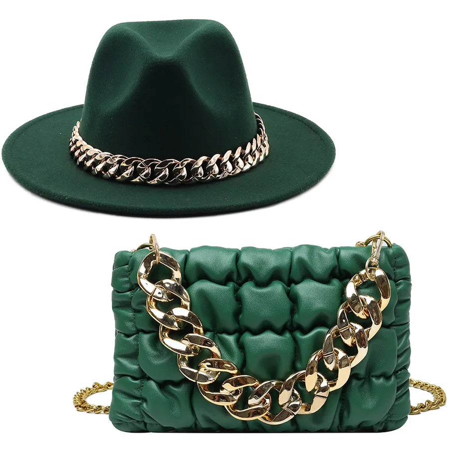 women's british style solid color chain flat eaves fedora hat