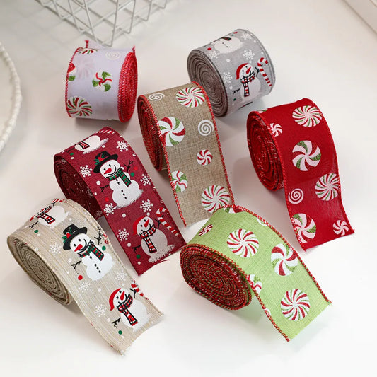 Christmas Cartoon Snowman Printed Decorative Ribbon Fabric Tree Flower Ring Gift Butterfly Knot Decorations Bohemian American Style
