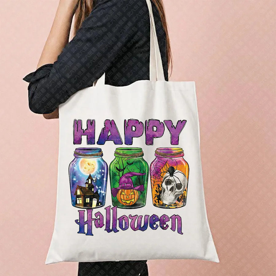 Halloween Movie Pattern Canvas Tote Bag Reusable Shopping Shoulder Bag Travel Large Square Printed Handbag Retro Style Women