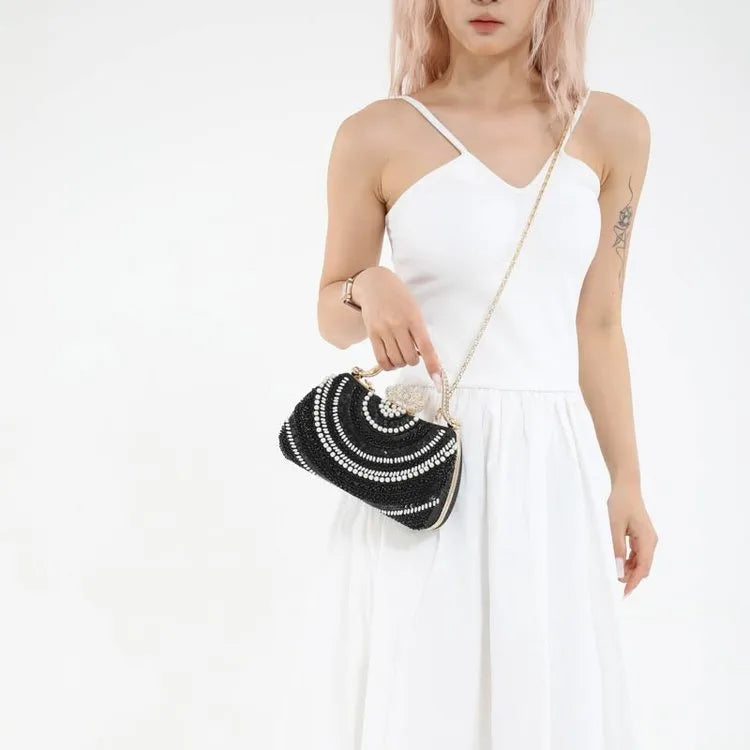 Summer New Beaded Metal Handbag Evening Bag Elegant Bride Clutch Box Bag Fashionable Ladies Chain Shoulder Crossbody Bag