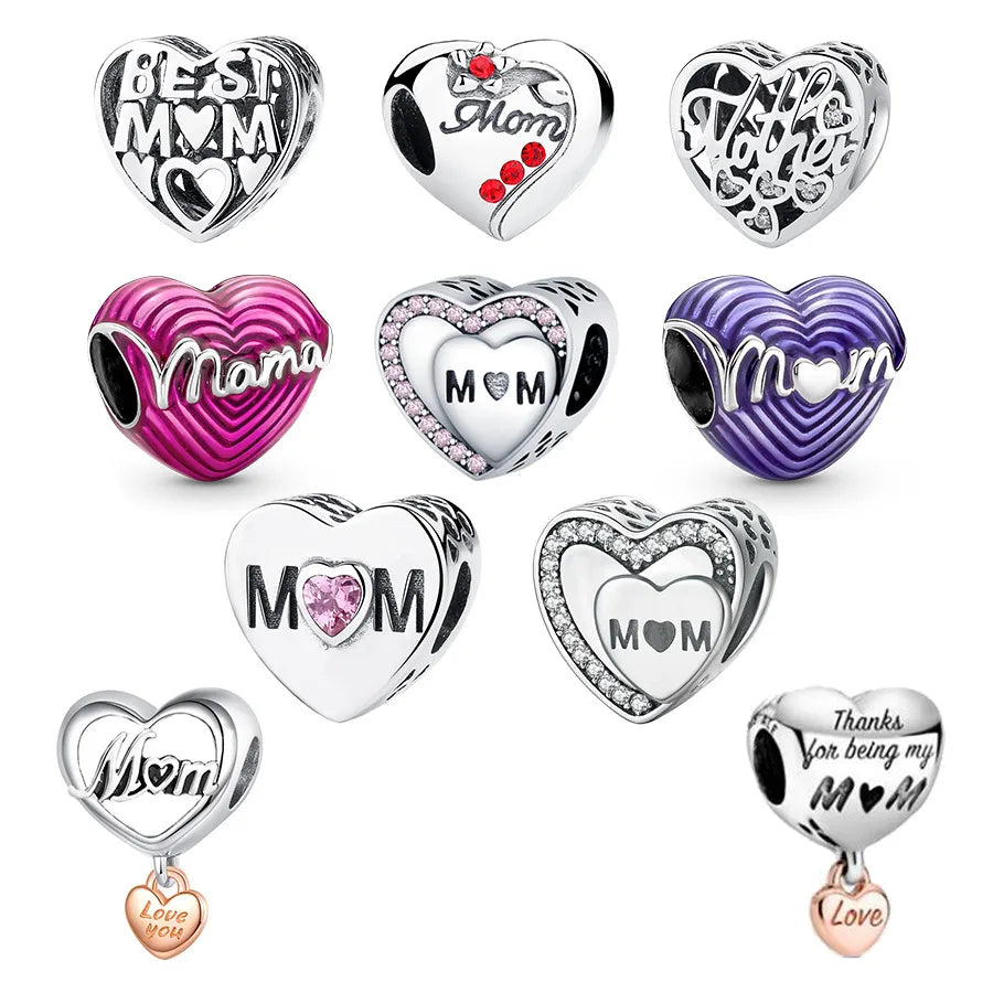 Cross-Border Supply Silver-Plated Beaded Small Pendant Mother's Love Heart-Shaped Series Diy Bracelet Jewelry Accessories Gift for Mother