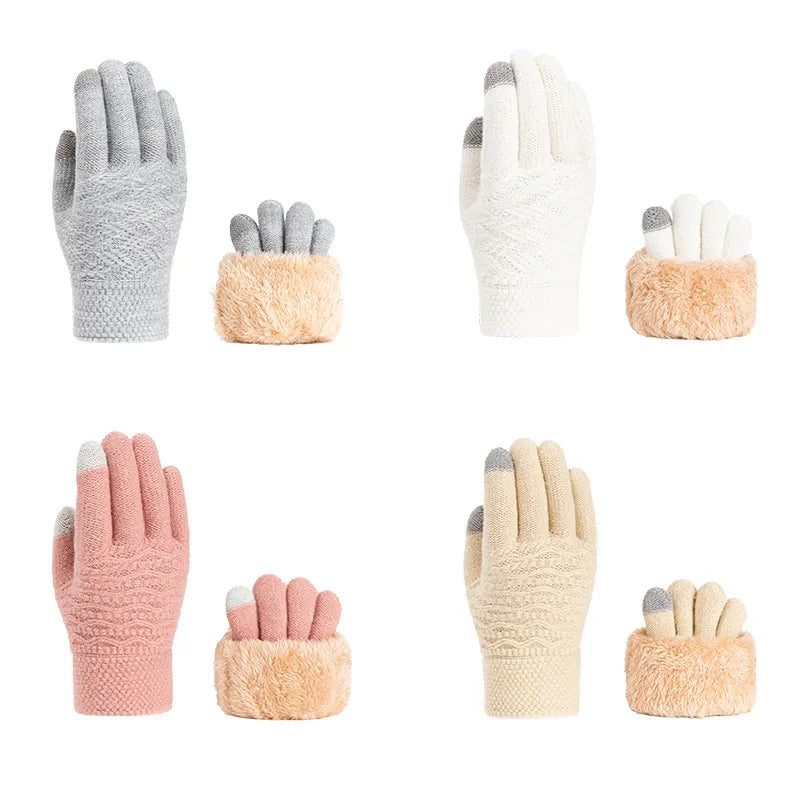 Thickened Double Layer Knitted Polar Fleece Touchscreen Gloves Men Women Outdoor Warm Windproof Winter Gloves Basic Style