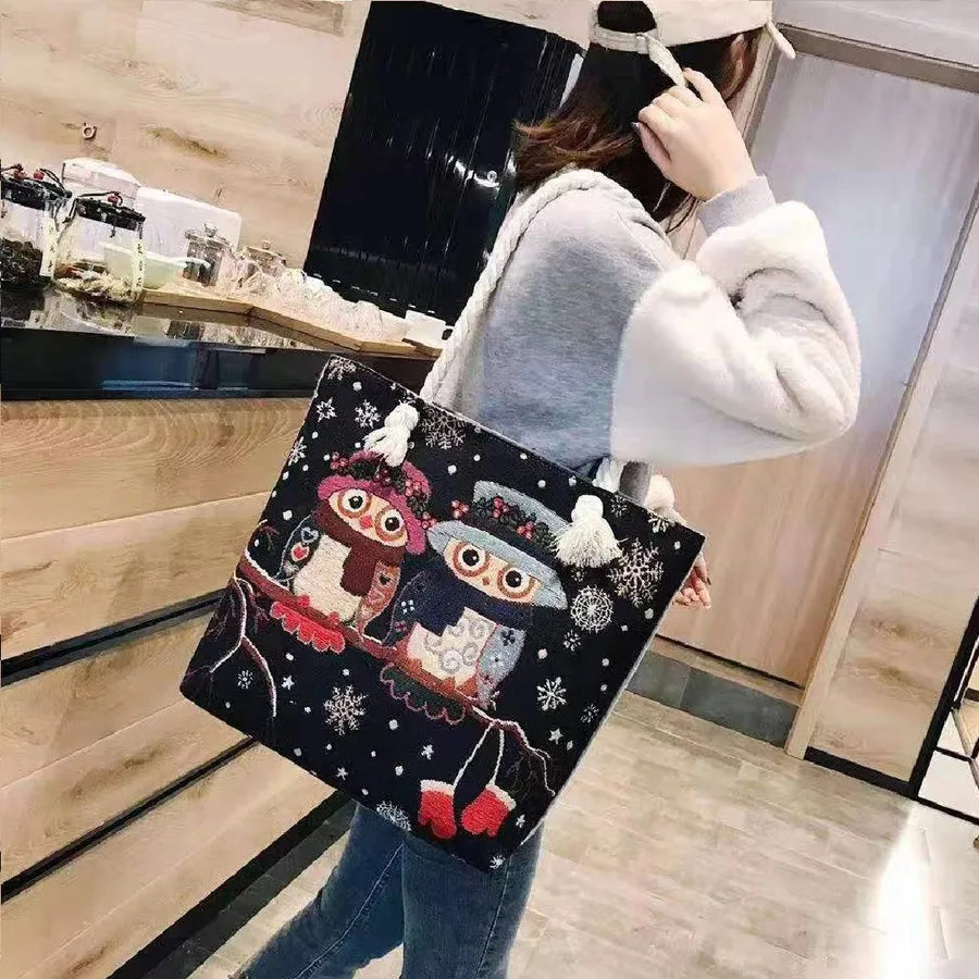Women's Large Canvas Animal Cartoon Vacation Ethnic Style Bucket Zipper Tote Bag