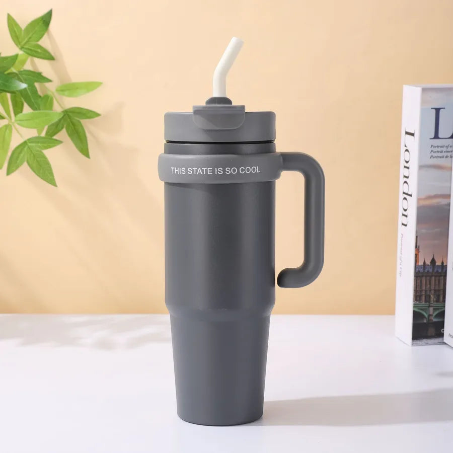 Giant 30Oz Handle Cup, 304 Stainless Steel Thermos Cup, Car Double Drinking Straw Large Ice Cup