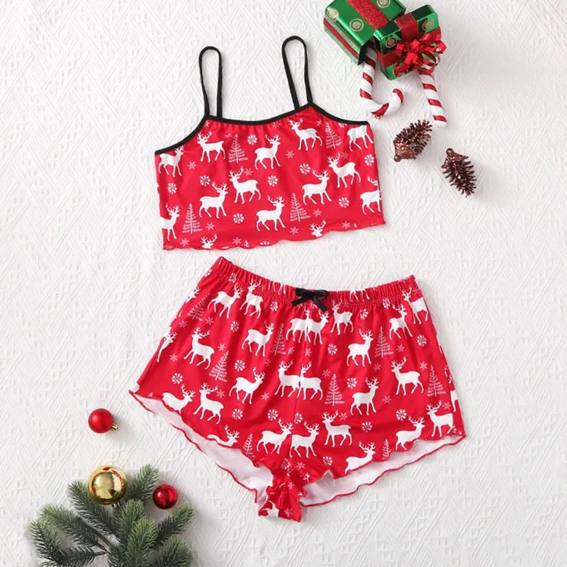 Home Festival Women's Christmas Printing Polyester Milk Fiber Printing Shorts Sets Pajama Sets