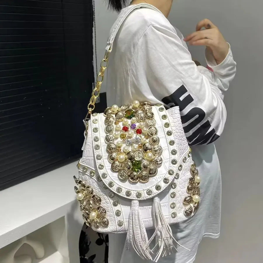 Personality Women's Bag Multi-use Bag  New Style Small Barrel Bag Handmade Beaded Rhinestone Fashionable Shoulder Crossbody Bag