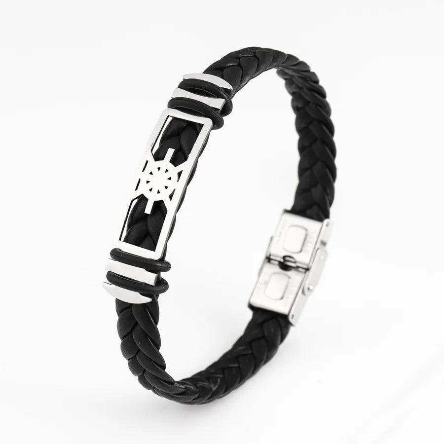 Retro Punk Solid Color 304 Stainless Steel Pu Leather Plating Men's Bangle Men Cord & Leather Bracelets
