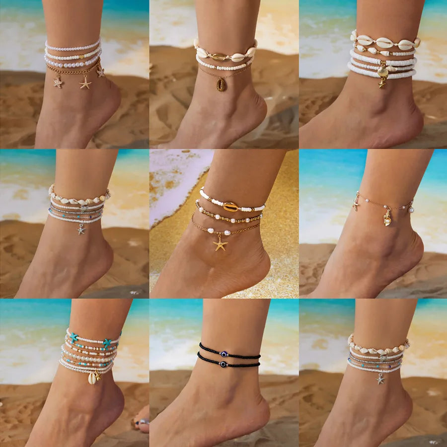 Bohemian starfish rice beads crystal anklet suit summer all-match beach rice beads shell multi-layer anklet wholesale