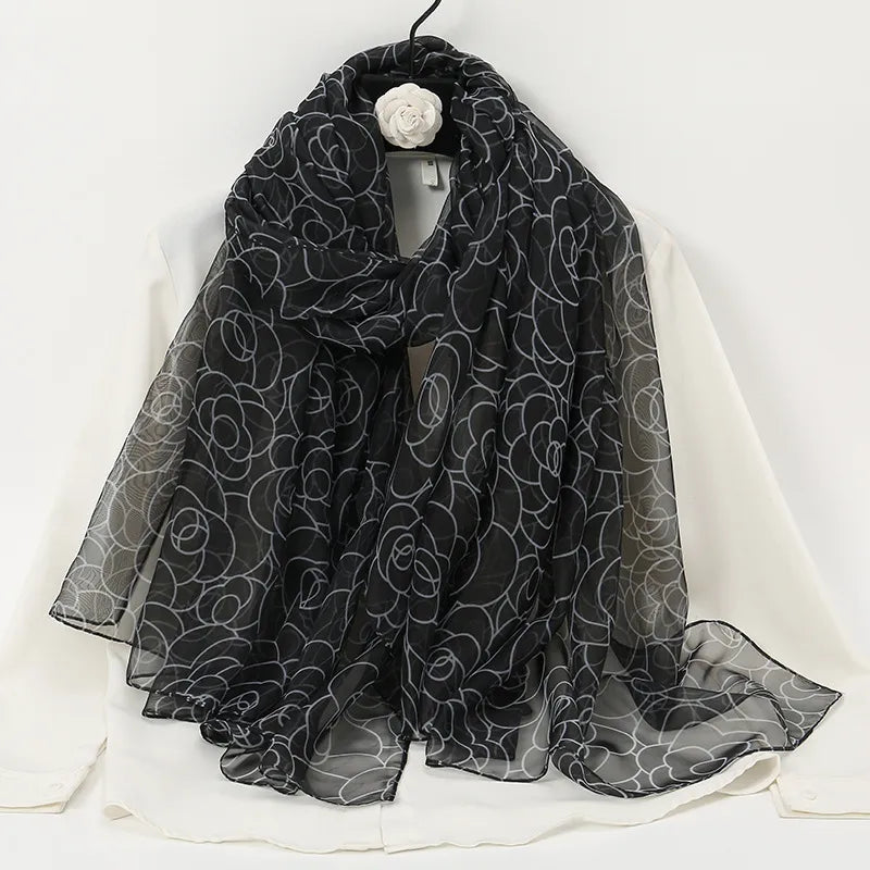 women's elegant lady color block high quality yarn printing silk scarf