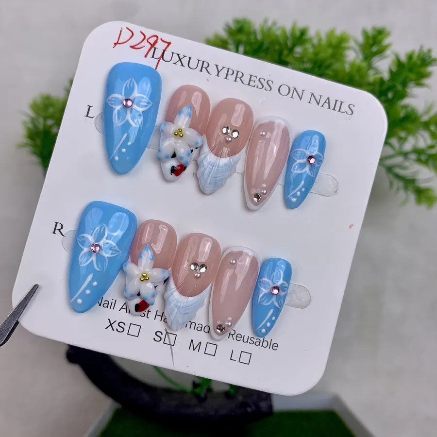 Handmade Detachable Shell Sculpture Cat Eye Almond Nails Ice Transparent Floral Design Wearable False Nails For Women