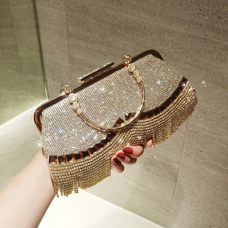 black gold silver pu leather solid color rhinestone square tassel evening bags