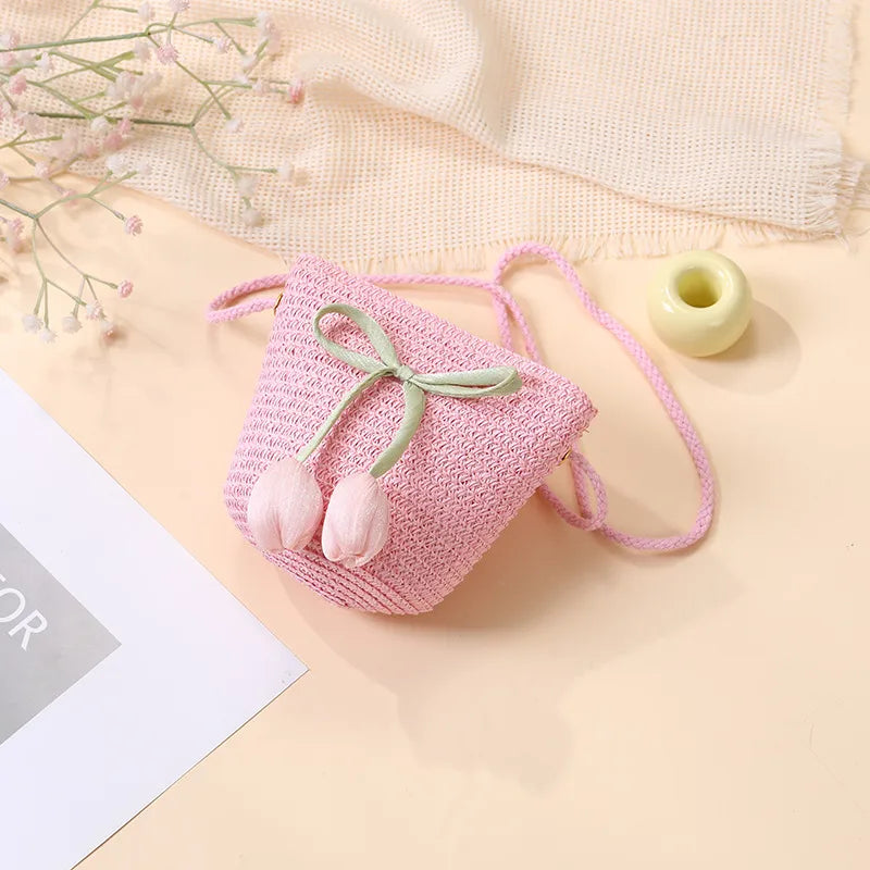 Summer Beach Seaside Tulip Straw Woven Bag  New Children Flower Straw Bag Mobile Phone Crossbody Bag
