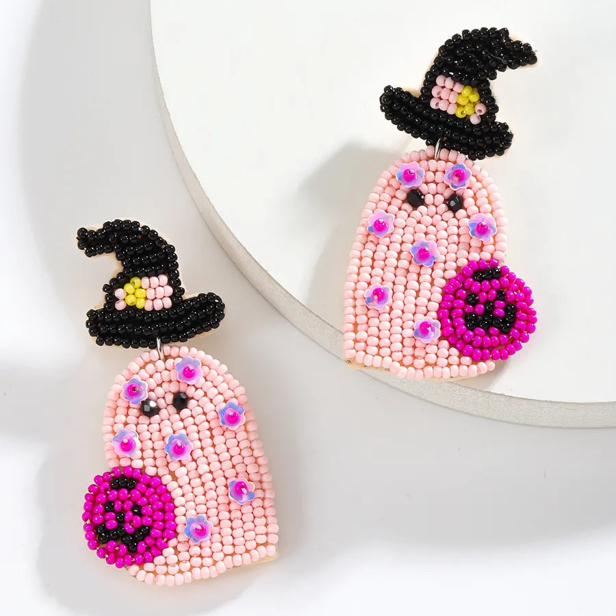 Cute Funny Multi-Color Beaded Ghost Shape Bead Earrings Halloween Makeup Party Ear Studs Earrings