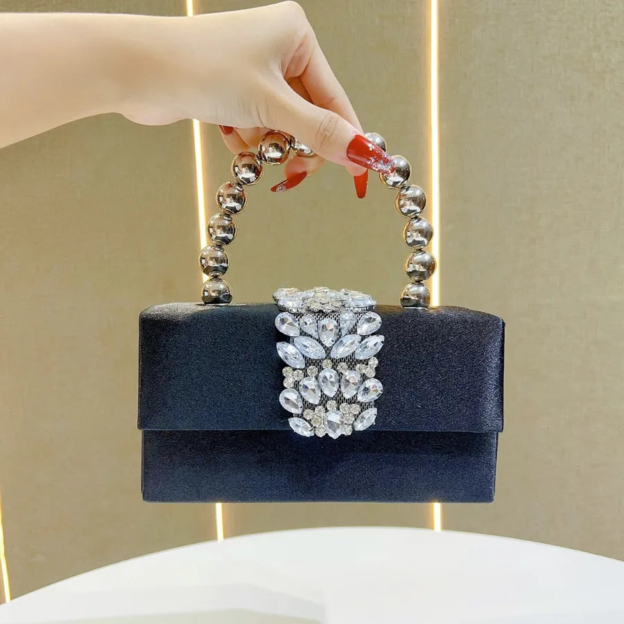 Shiny French Style Silk Satin Surface Pearl Box Handbag Women's Crossbody Bag For Party Elegant Fashionable Square Bag