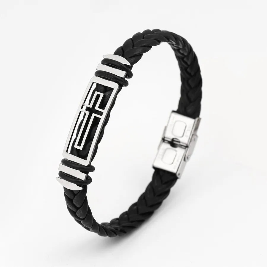 Retro Punk Solid Color 304 Stainless Steel Pu Leather Plating Men's Bangle Men Cord & Leather Bracelets