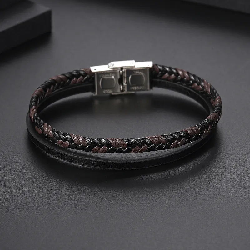 Classic Style Solid Color 304 Stainless Steel Pu Leather Handmade Men'S Bangle