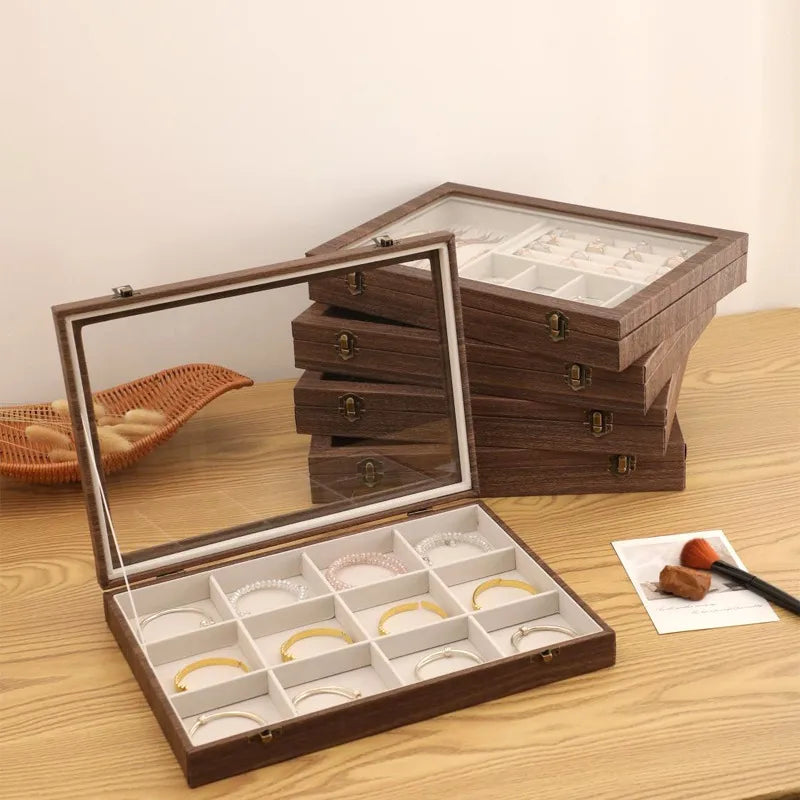 Retro Style Wooden Texture Leather Jewelry Box With Glass Lid Dustproof Storage For Rings Necklaces Bracelets Accessories Display