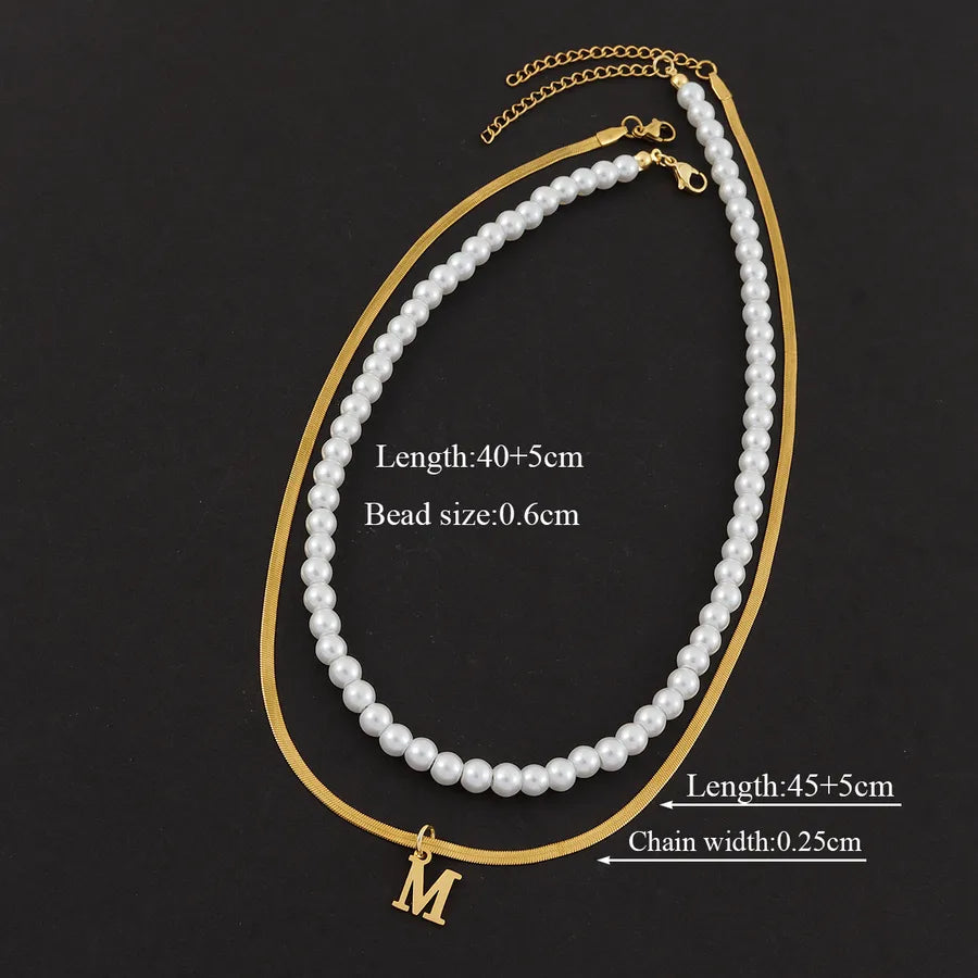 Casual Elegant Simple Style Letter 201 Stainless Steel 304 Stainless Steel Artificial Pearl Beaded Chain snake chain Layered Necklaces Wholesale