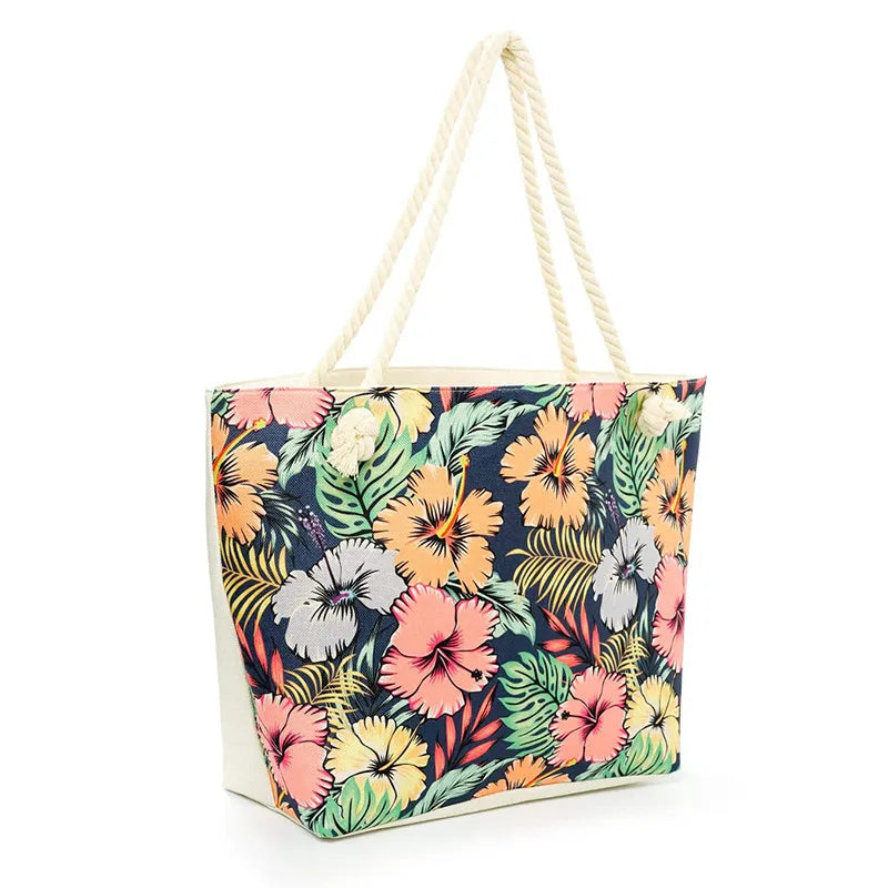 Women's Large Polyester Leaves Flower Classic Style Zipper beach bag