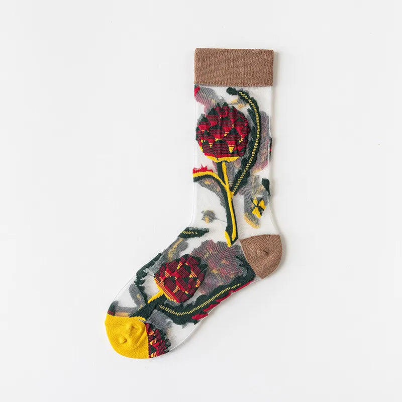women's japanese style flower nylon crew socks a pair