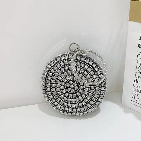 black gold silver polyester solid color rhinestone round evening bags