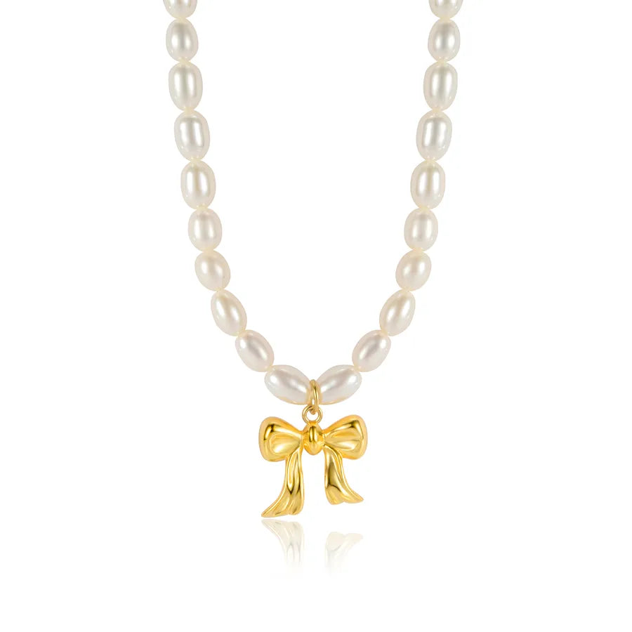 925 Sterling Silver Freshwater Pearl Beaded Chain Bow Knot Pendant Necklace