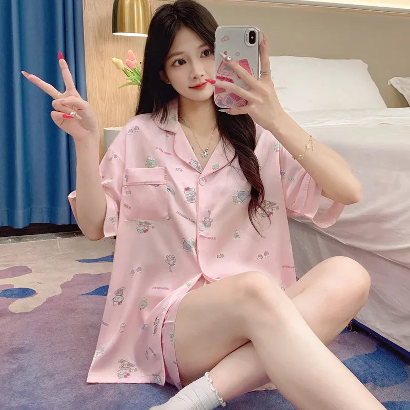 Elegant Ice Silk Sleepwear Women's Summer Butterfly Print Short Sleeve Home Clothes Set Can Be Worn Outside Breathable Casual