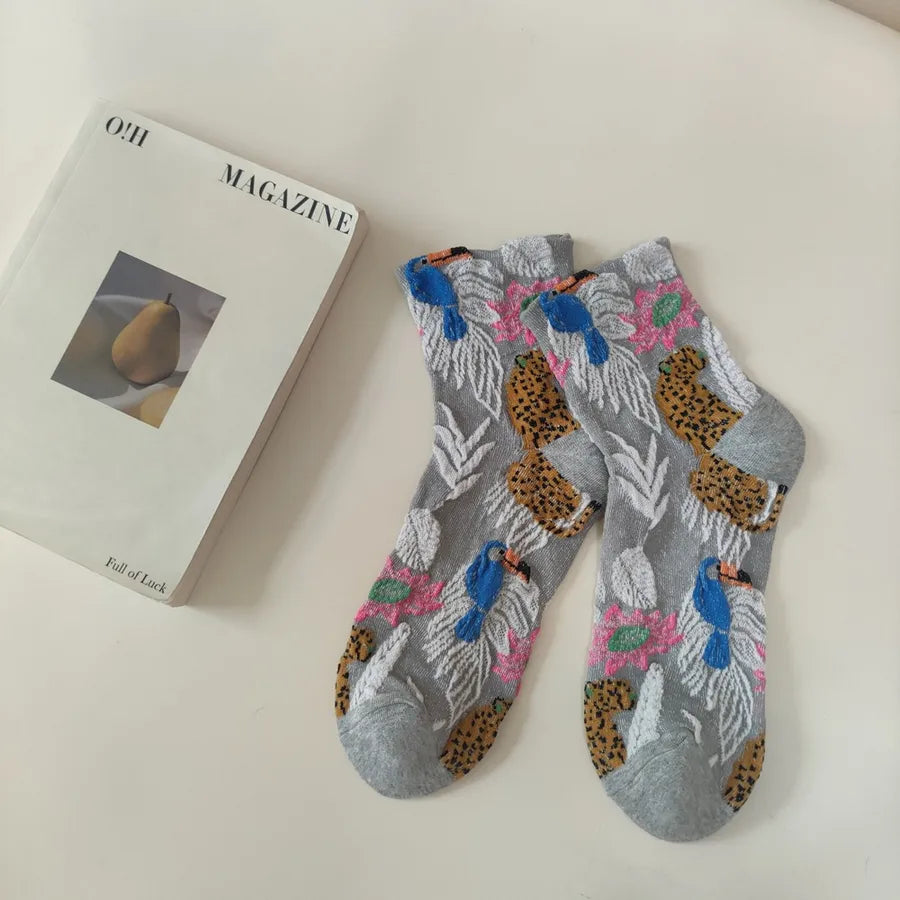 A Pair Casual Women's Printing Flower Cotton Crew Socks