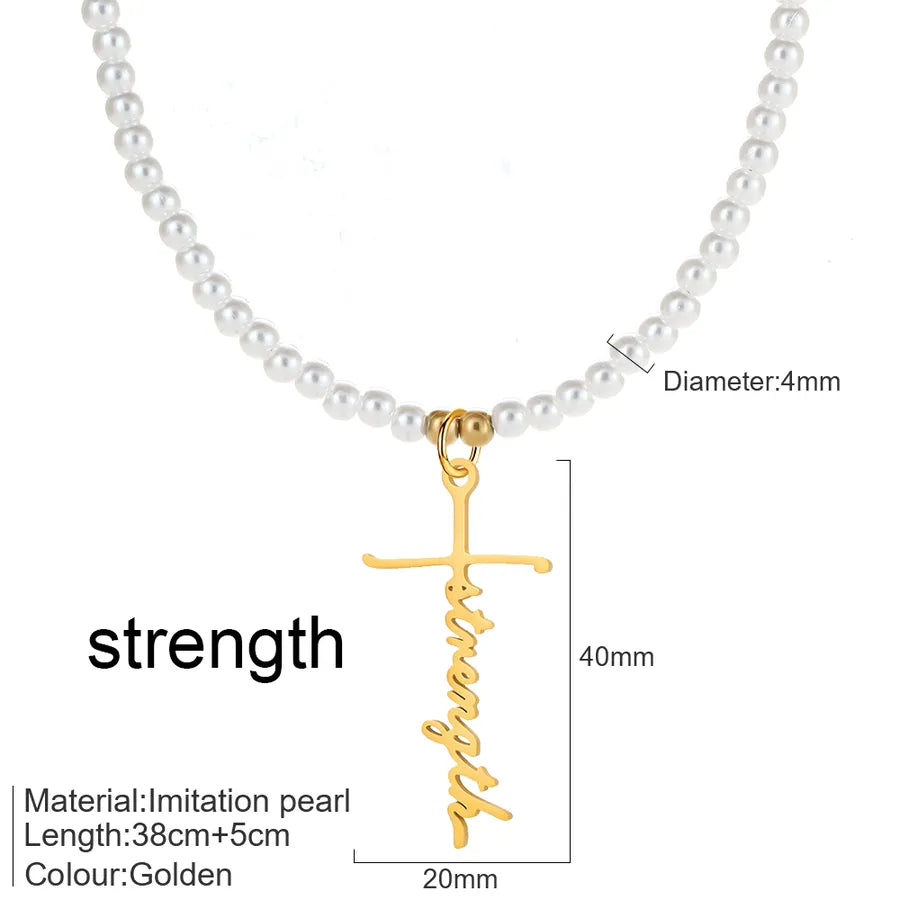 Elegant Simple Style Cross Letter 304 Stainless Steel Imitation Pearl Beaded Chain Beaded Necklaces Wholesale