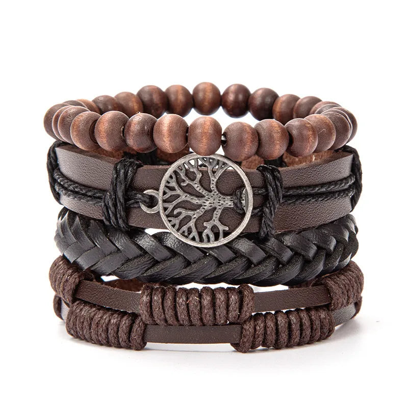 Retro Waves Flower Pu Leather Wood Beaded Men's Bracelets