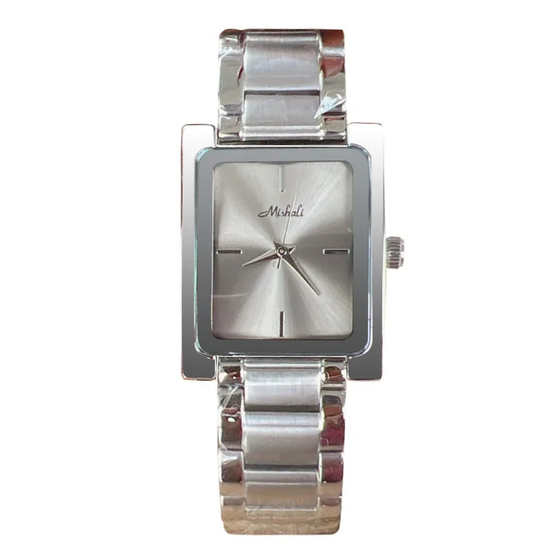 Mishali Large Dial Stainless Steel Strap Women's Watch Fashionable Minimalist Square Face Quartz Movement Butterfly Buckle Clasp