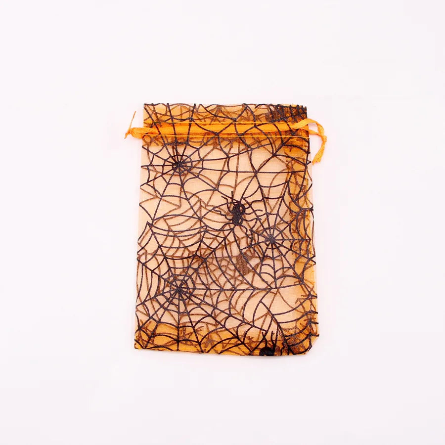 Halloween Candy Storage Bag Drawstring Golden Embossed Spider Web Jewelry Bag Gift For Halloween Cloth Material