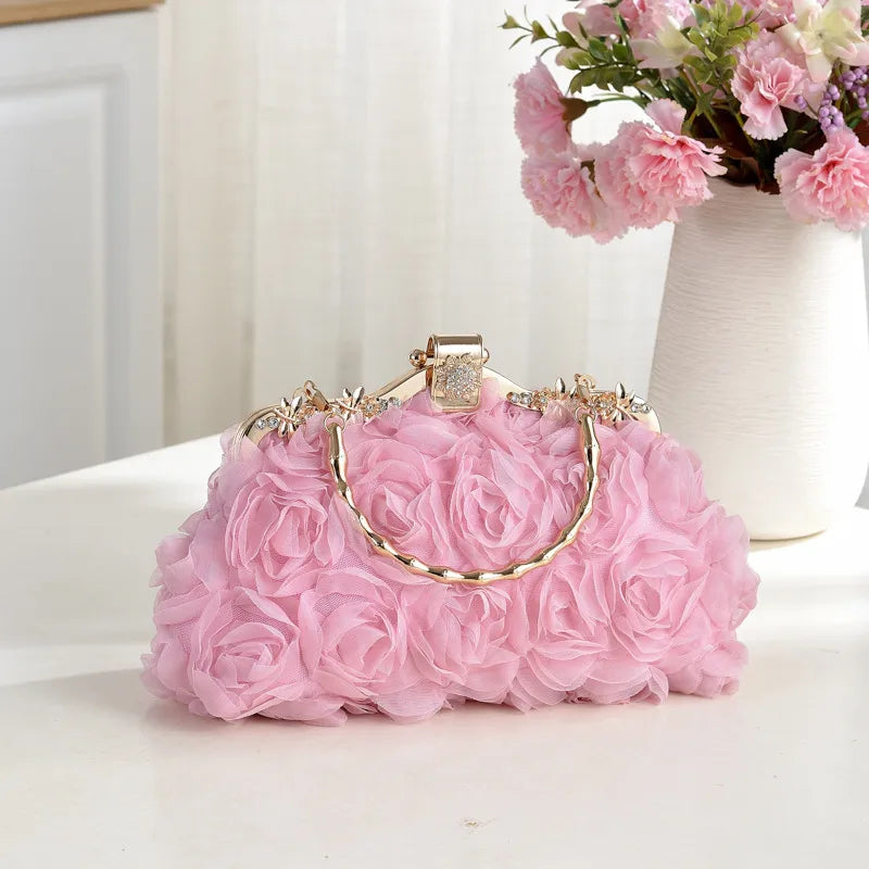 Elegant Lace Rose Wedding Dress Clutch Bag Maids Diamond Decorated Single Shoulder Crossbody Party Banquet Handbag