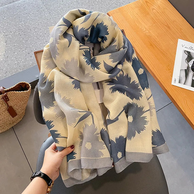 women's elegant sweet flower cotton and linen printing silk scarf