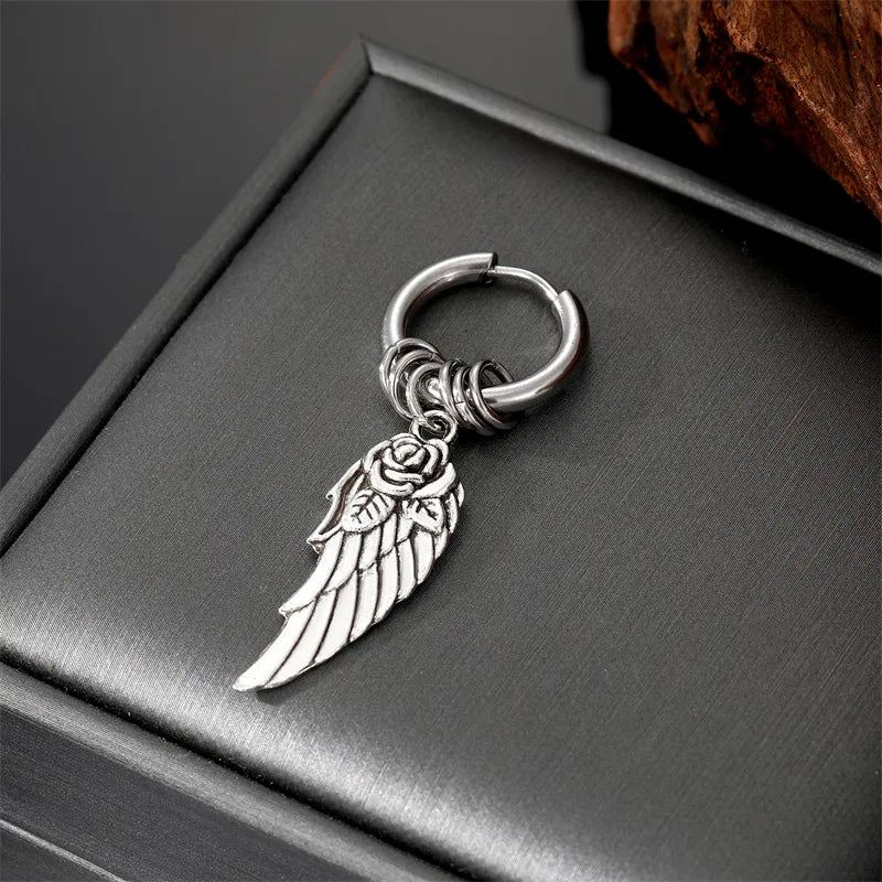 punk triangle cross feather stainless steel plating dangling earrings 1 piece