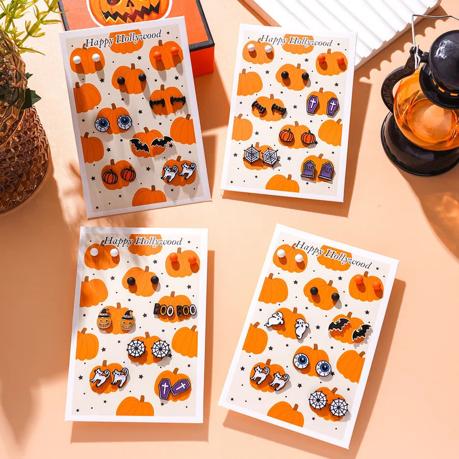 Creative Halloween Series Alloy Pumpkin Bat Women's Earrings 8 Pairs Cartoon Design Zinc Alloy Personalized Jewelry Accessories