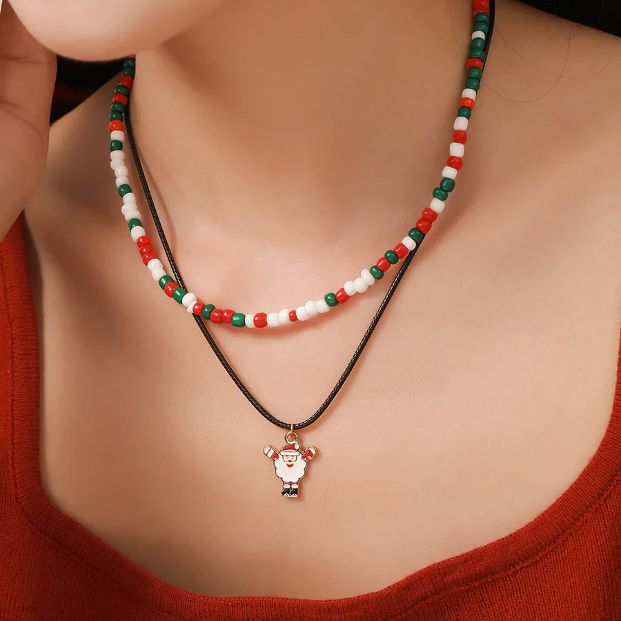 Christmas Themed Double Layered Necklace With Santa Claus Design Glass Beads Clavicle Chain Jewelry Accessory For Unisex Use