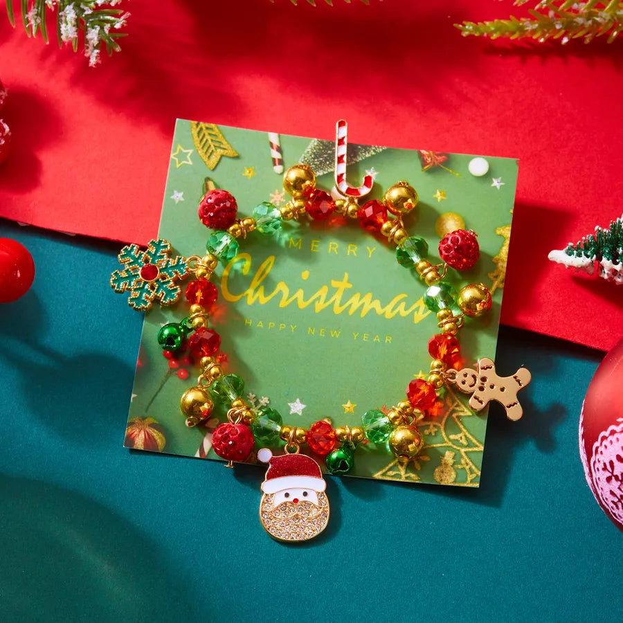 Christmas Themed Elastic Bracelet Set Santa Claus Snowflake Pendant Beaded Style Hand Chain Festive Jewelry Accessory