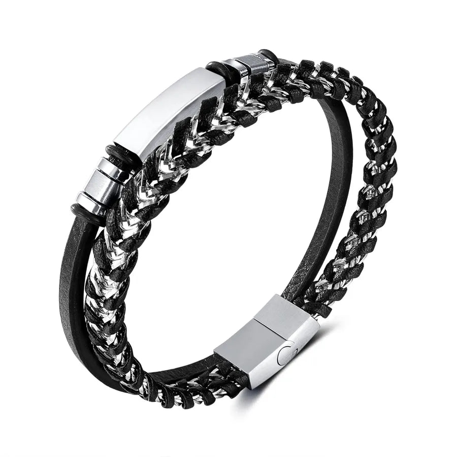Retro Solid Color 304 Stainless Steel Pu Leather Men's Bracelets Men Cord & Leather Bracelets