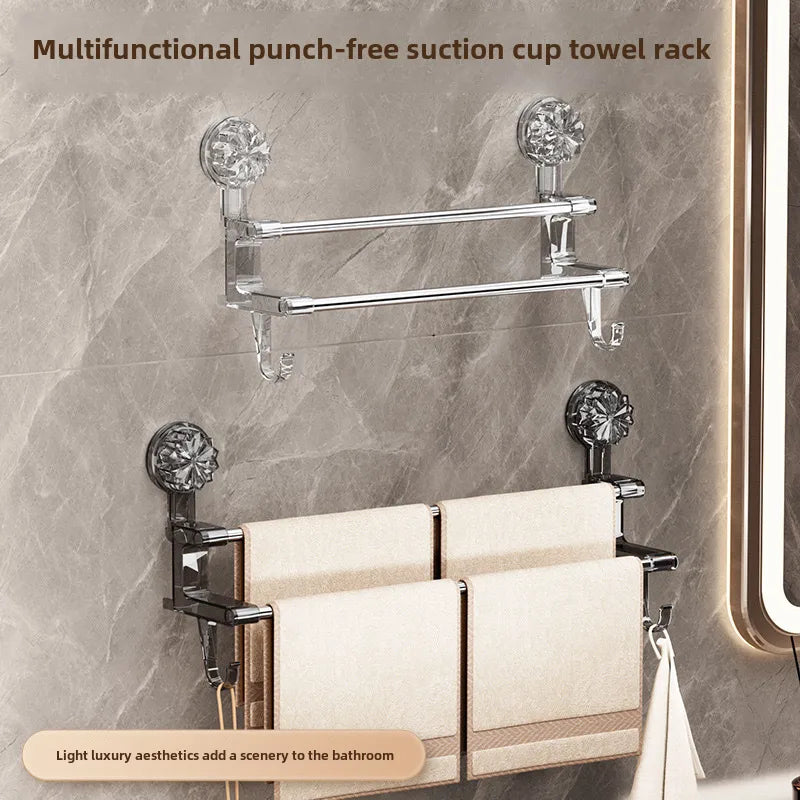 Double Rod suction cup towel rack household bathroom towel storage with hook wet and dry towel dual-use light luxury bathroom storage