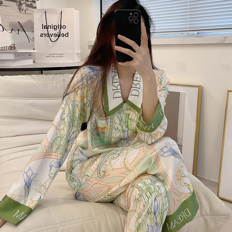 Pure Color Lace Splice Smooth Ice Silk Sleepwear Set Women Long Sleeve Long Pants Two Piece Set High-End Sensation Home Clothes
