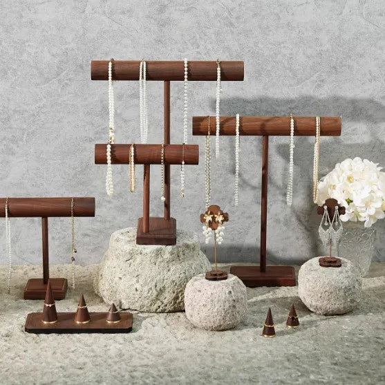 Walnut Jewelry Display Stand Copper Bottom Conical Ring Holder Bracelet Necklace Bracket Shooting Props Ornament Showcase