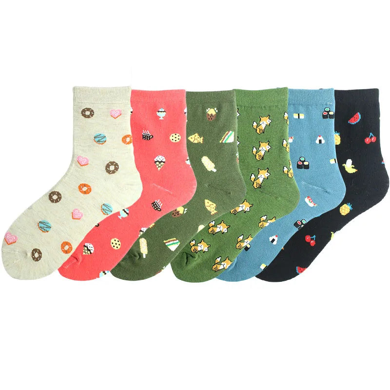women's japanese style cartoon cotton jacquard crew socks a pair