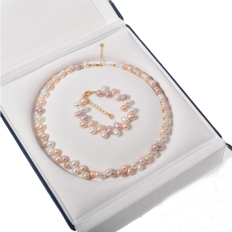 Natural Freshwater Pearl Rice Bead Necklace Bracelet Women's Mixed Color Three-Hole Candy Style Jewelry Simple Design
