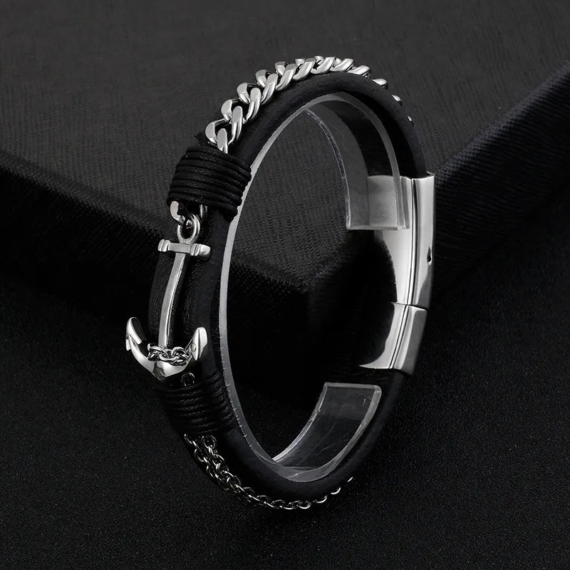 hip-hop retro color block pu leather titanium steel braid men's bracelets
