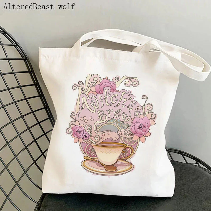 Magic Witch Pastel Gothic Handbag Printed Canvas Tote Single Shoulder Shopping Bag Ladies Fashion Handbag