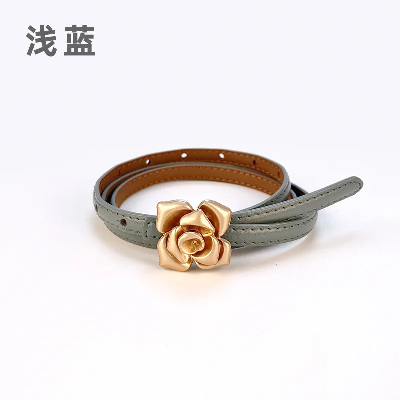 New Genuine Leather Women's Thin Belt Women's Flower Waist Slim Cowhide Women's Belt with Sweater Dress