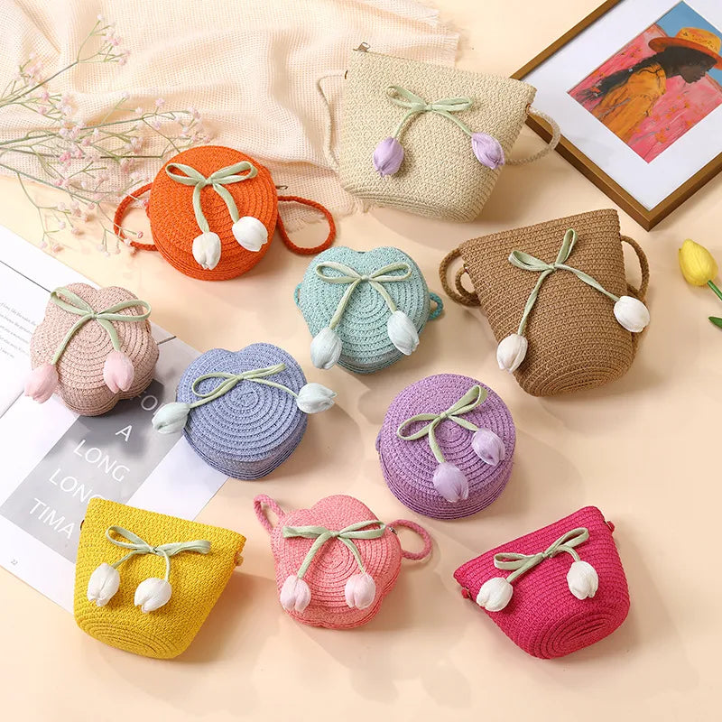 Summer Beach Seaside Tulip Straw Woven Bag  New Children Flower Straw Bag Mobile Phone Crossbody Bag