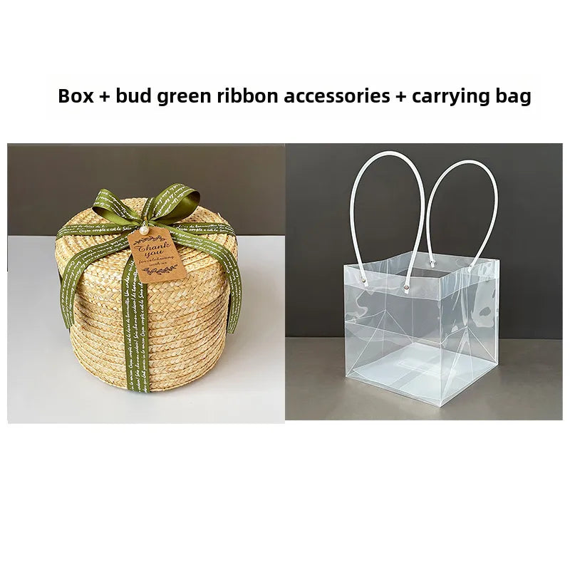 Round Straw Box with Lid Hug Bucket Rattan Hand Gift Box Baking Wedding  Storage Handmade Woven Box